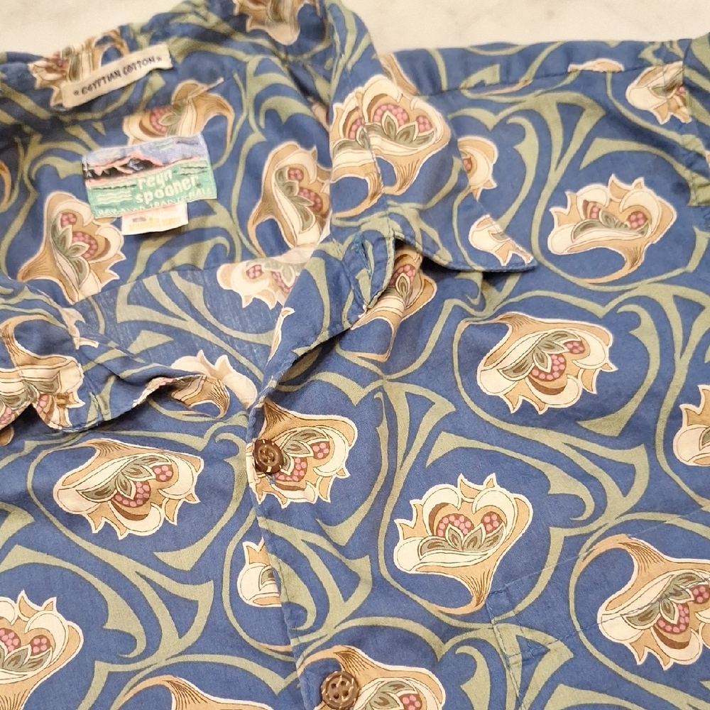 VTG Y2k Reyn Spooner Blue Green Button Down Shirt Art Deco Flower Pattern‎ As Is